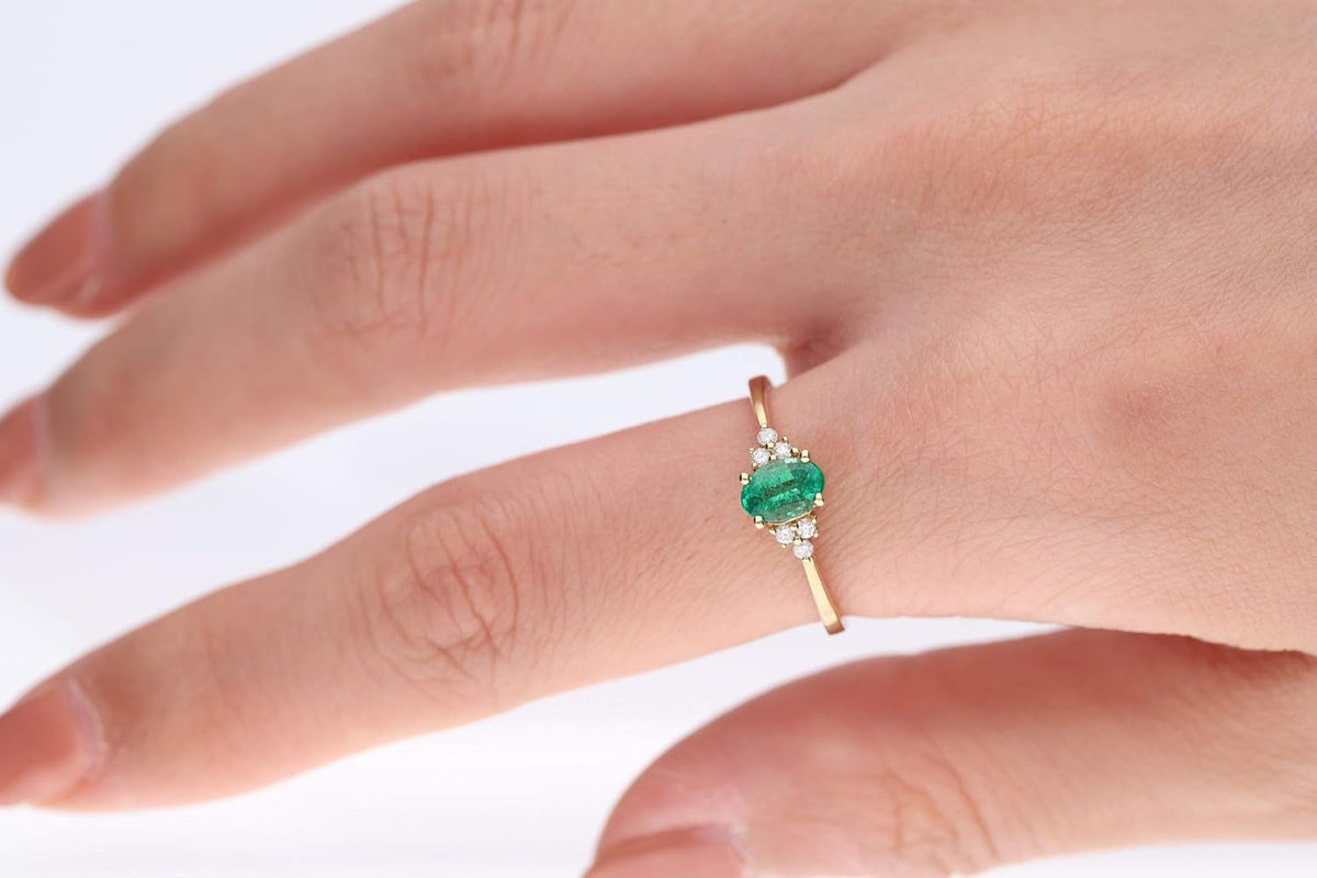 10K Yellow Gold Natural Zambian Emerald Ring with Natural Diamonds for Women | Ethically, Authentically & Organically Sourced Oval-Cut Emerald Hand-Crafted Jewelry for Her | Emerald Ring for Women.