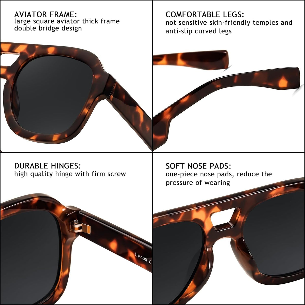 Vintage Aviator Sunglasses Double Bridge Women Men Large Square Thick Frame Trendy Eyewear UV400 B2846