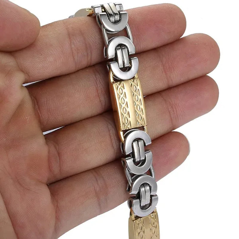 11mm Mens Chain Boys Bracelet Silver Gold Tone Byzantine Link Stainless Steel Bracelet