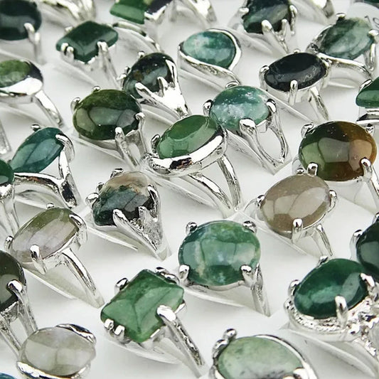 Vintage Hot Selling Mix Style 10pcs Natural Green Stones Tourmaline Fashion Silver Rings for Womens Mens Wholesale Jewelry Lots