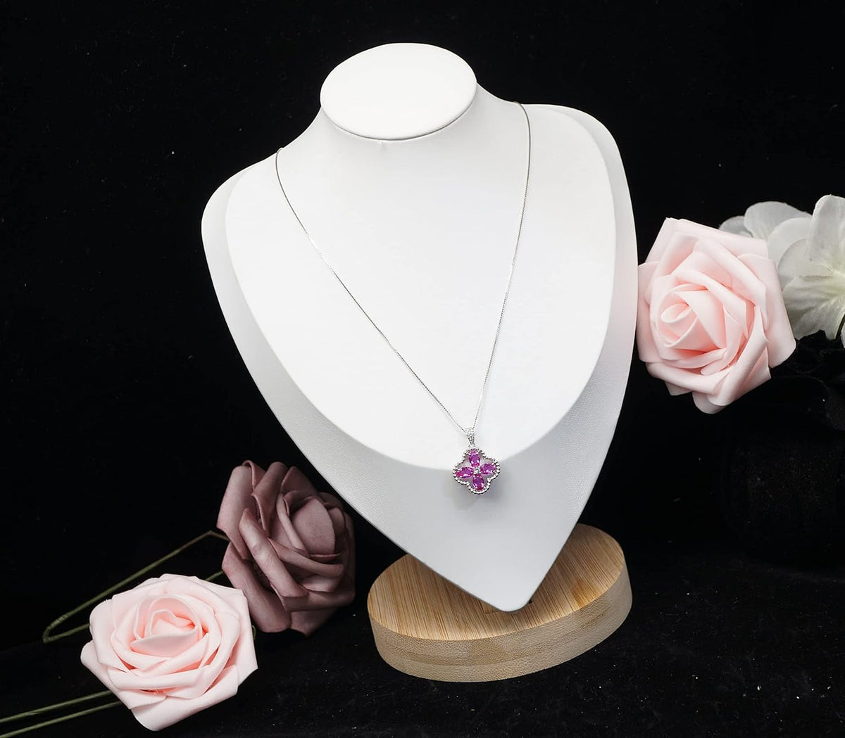Pink Sapphire Jewelry Fuchsia Four Leaf Clover Pendant Green Peridot Necklace 18Kgp @ 925 Sterling Silver Adjustable Chain Ruby Aquamarine Amethyst Emerald Blue Sapphire Sunstone (Pink Sapphire)