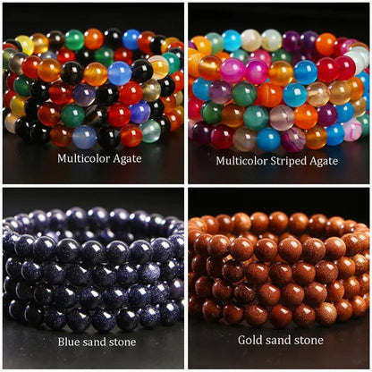 8mm Tiger Eye/Amethyst/Aquamarine/Agate/ Gemstone Bracelet Round Beads Stretch Bracelet Handmade Chakra Healing Stone Jewelry for Women Men Girls