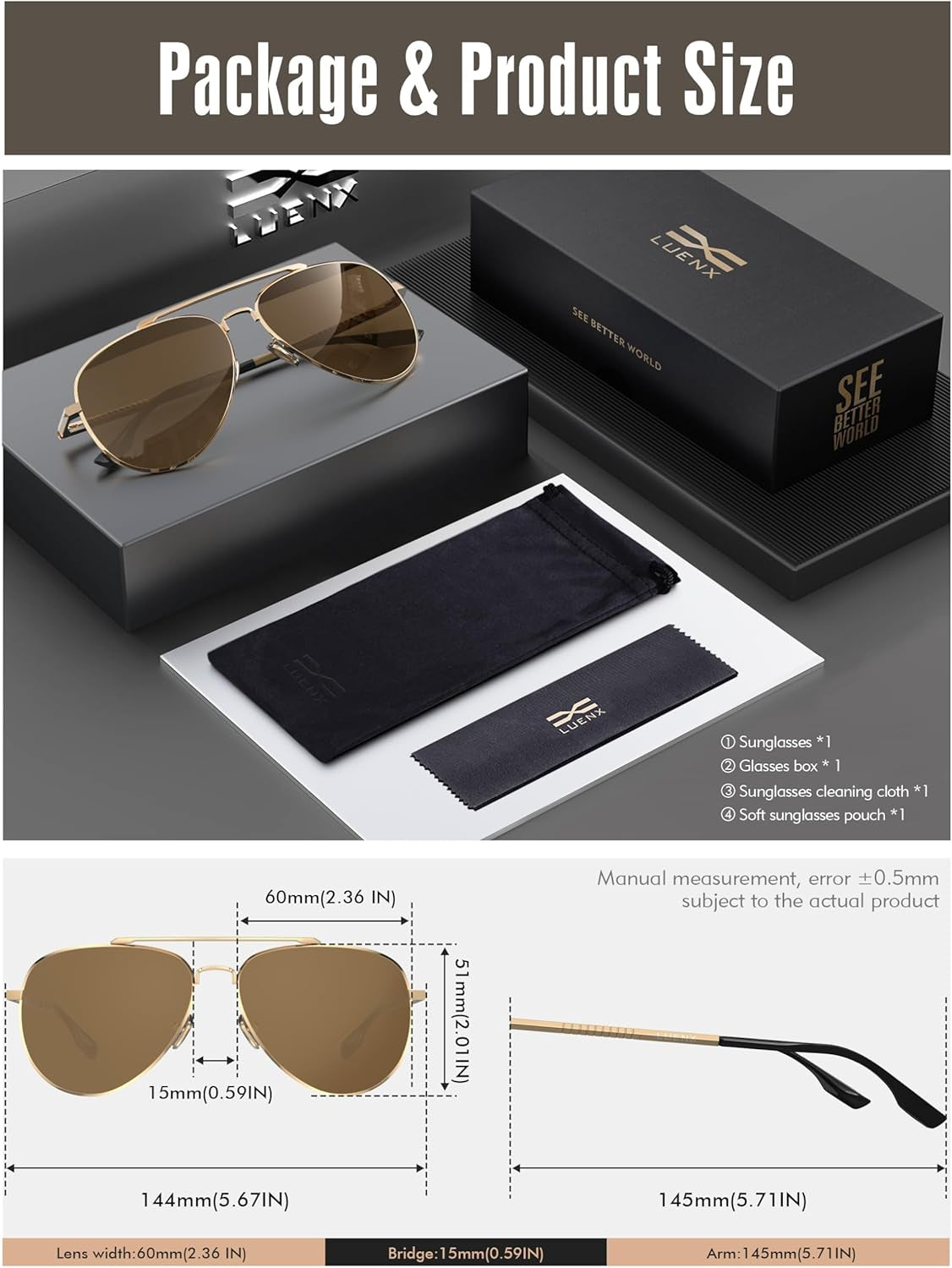 Aviator Sunglasses for Men Women Polarized Driving Classic Shades - UV 400 Protection with Accessories 60MM