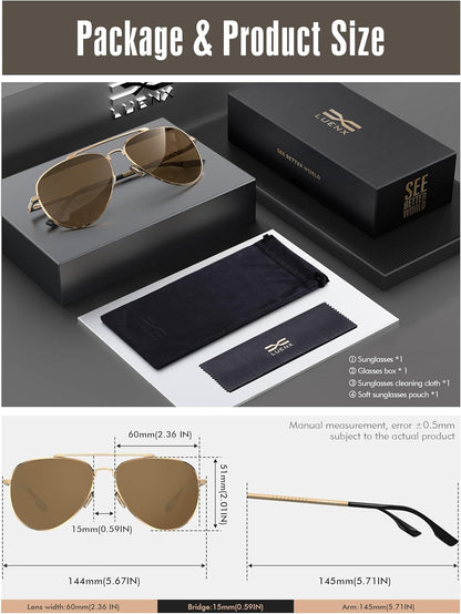 Aviator Sunglasses for Men Women Polarized Driving Classic Shades - UV 400 Protection with Accessories 60MM