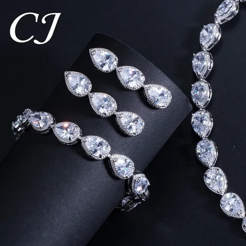 CANDICE Classic Zirconia Wedding Jewelry Sets For Bridal Luxury Teardrop CZ Stone White Gold Plated Party Chocker Necklace Earrings and Bracelet Set