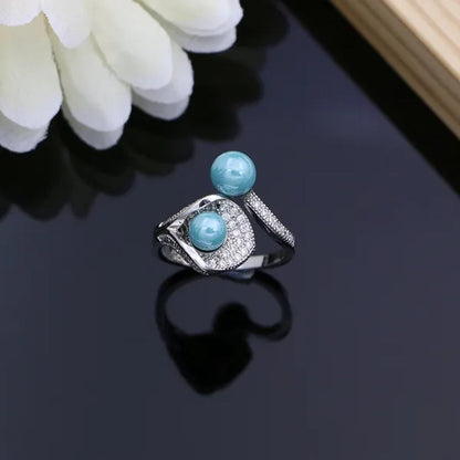 Luxury 925 Silver Bridal Jewelry Sets White Topaz Pearls Bead Charm for Women Party Horn Design Ring Bracelet Set