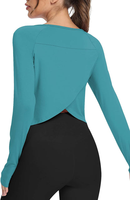 Long Sleeve Athletic Workout Shirts Sports Yoga Gym Crop Tops for Women