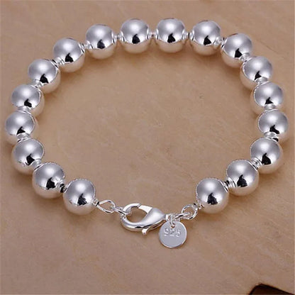 Fashion 925 Sterling Silver 8mm Hollow Smooth Round Beads Necklace Bracelets Set for Women Wedding Engagement Party Jewelry