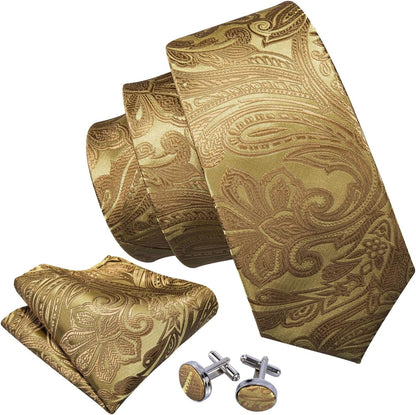 Men Tie Set Paisley Silk Necktie Pocket Square Cufflinks Formal Wedding Business Party