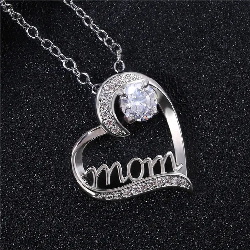 Love Mum Silver Plated Ruby MOM Character Emerald Necklace Jewelry Family Birthday Best Gift for Mother Mummy Party Wedding Band Necklace Christmas Gift