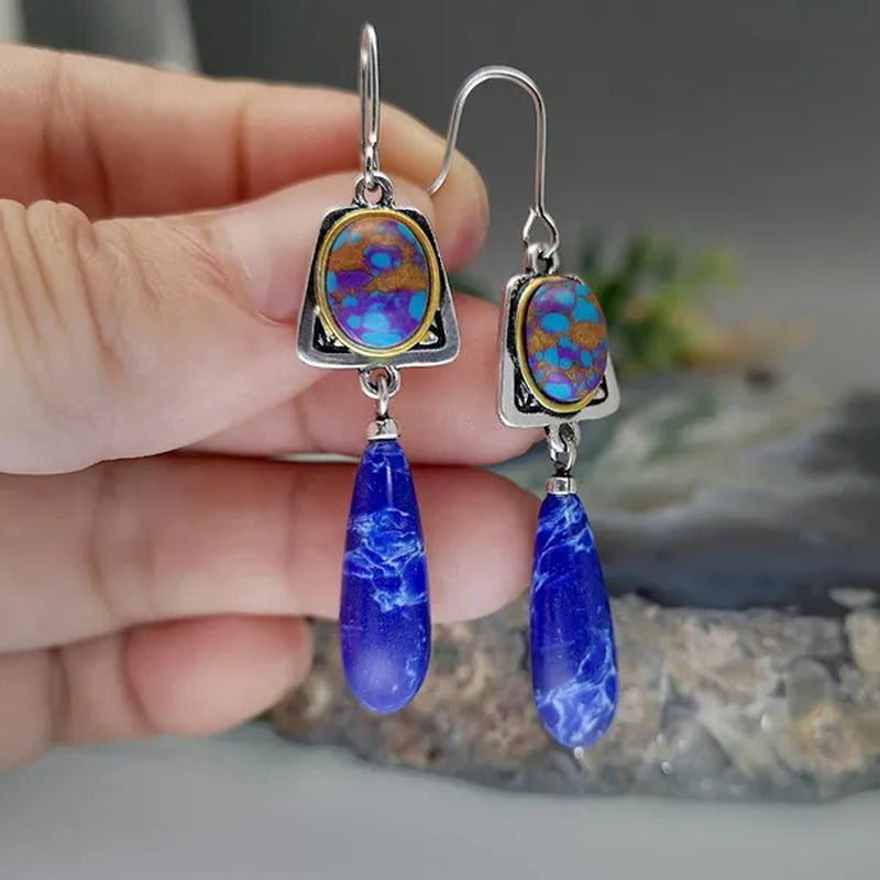 Exquisite Retro Bohemian Earrings Silver Plated Blue Stone Dangle Hook Earrings Bridal Wedding and Engagement Anniversary Gift Jewelry Earrings for Women
