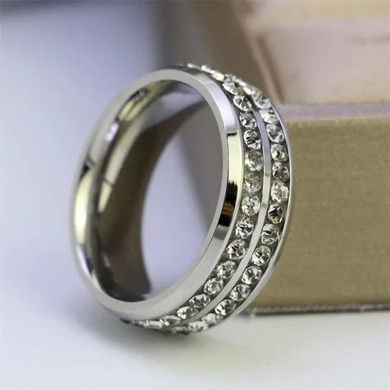2020 Romantic Couple Jewelry Men's 316 Stainless Steel Double Row Zircon Ring And Ladies Heart Ring Set Couple Ring Bride Wedding Engagement Jewelry(Include: man ring or woman ring)