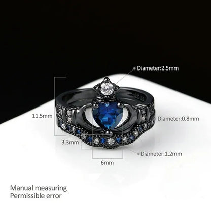 2PCS Fashion Blue Sapphire Couple Rings Diamond Rings Heart Shape Blue Sapphire Engagement Wedding Rings Set