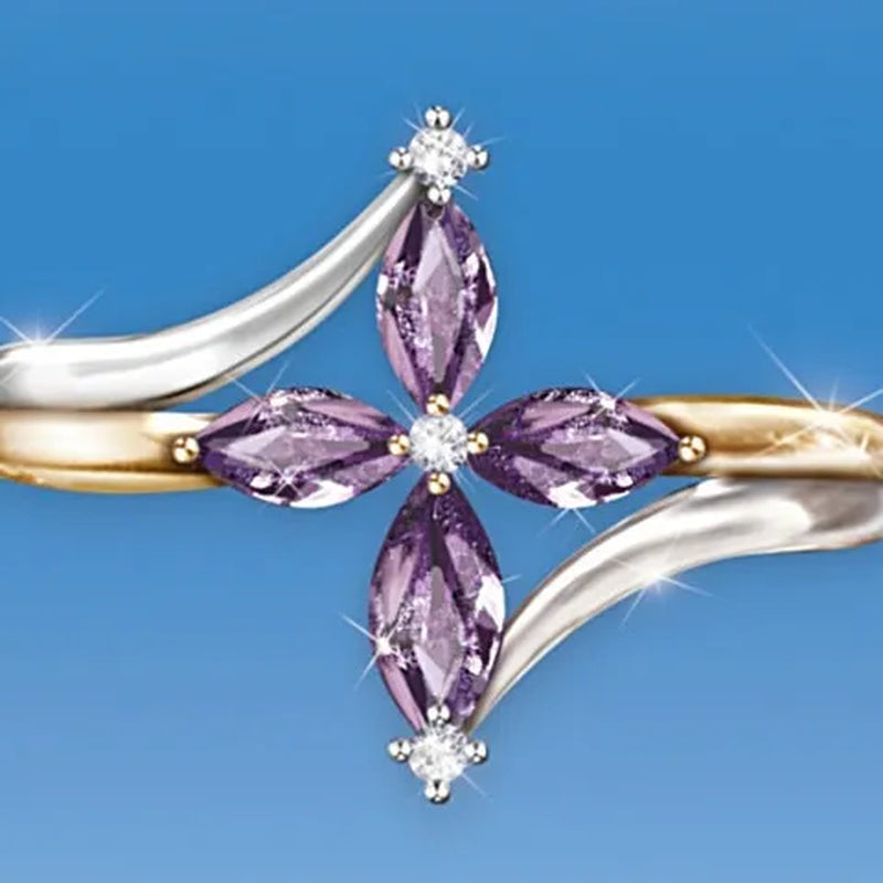 Exquisite 925 Sterling Silver Goldplated Natural Sapphire Amethyst Cross Ring Earrings Necklace Bride Princess Wedding Engagement Birthstone Jewelry Set Ring Size 5-10