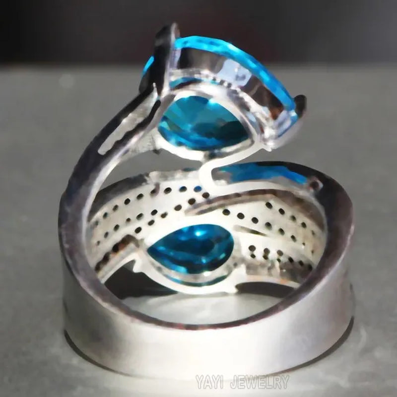Silver Natural Gemstones Aquamarine Ring Wedding Birthstone Bride Engagement Crossing Brand  Ring Jewelry Size 6 7 8 9 10