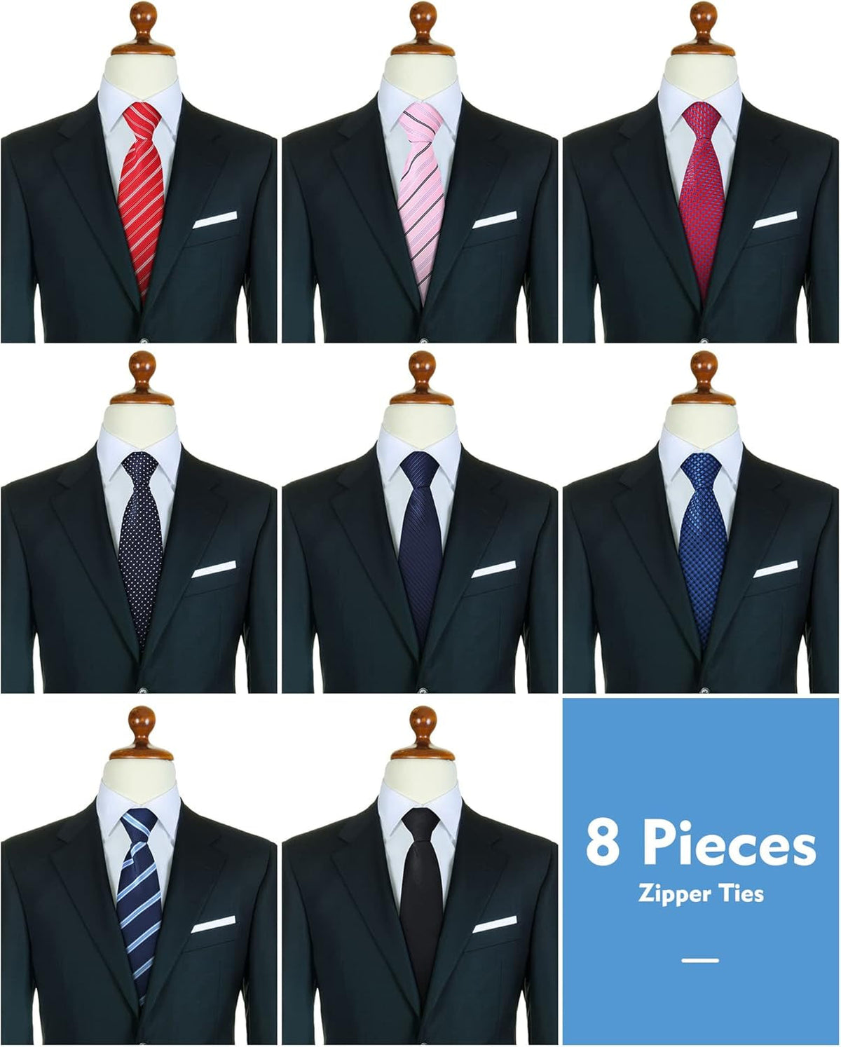 8 Pieces Zipper Tie for Men Adjustable Necktie Pre Tied Clip on Men