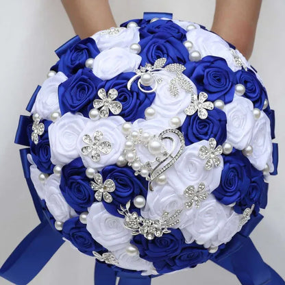 24cm 10 Styles Can Choose Royal Blue Silver Brooch Wedding Bouquets Silk Rhinestone Artificial Rose Flowers Bridesmaid Mariage Bouquets Wedding Accessories W125