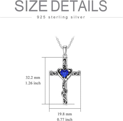 Birthstone Cross Necklace for Women 925 Sterling Silver Heart Cross Pendant Necklace I Love You Jewelry Anniversary Birthday Gifts for Her Mom