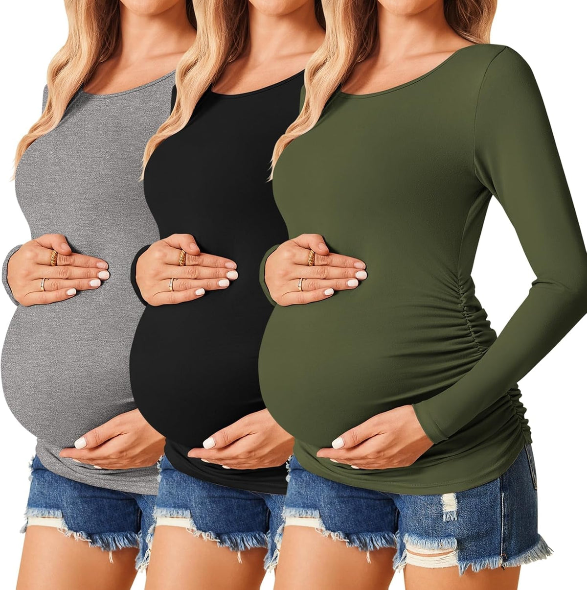 Womens Maternity Shirts Long Sleeve 3 Packs Pregnancy Tee Top Tunic Blouse Casual Mama Clothes S-XXL
