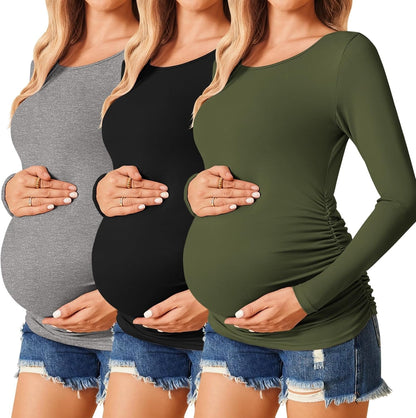 Womens Maternity Shirts Long Sleeve 3 Packs Pregnancy Tee Top Tunic Blouse Casual Mama Clothes S-XXL
