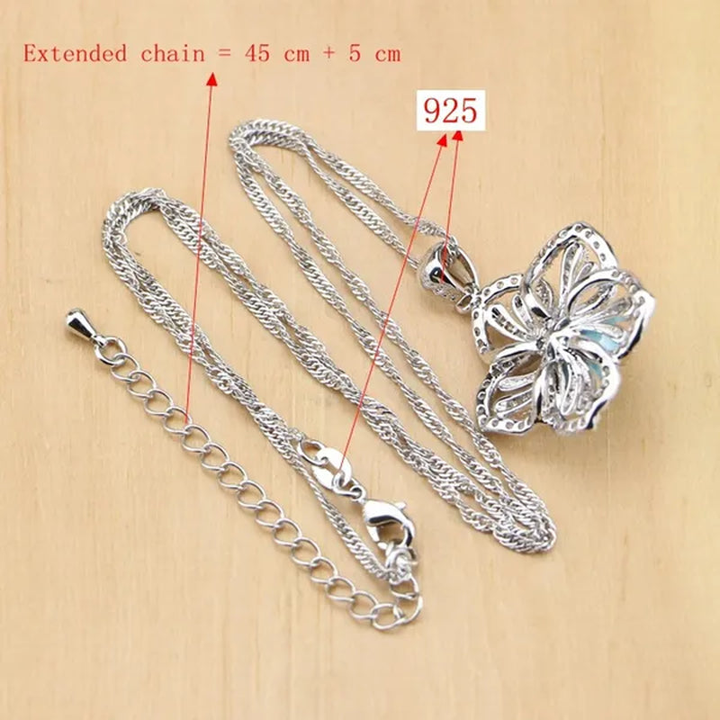 Flower 925 Silver Jewelry Set Blue Pearl With Beads Pendant Drop Earrings Rings Necklace  For Women