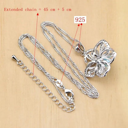 Flower 925 Silver Jewelry Set Blue Pearl With Beads Pendant Drop Earrings Rings Necklace  For Women