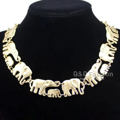 Brand New Fashion African Elephant & Baby Exquisite Charms Link Ganesh Chain Collar Statement Bib Necklace Gold Silver