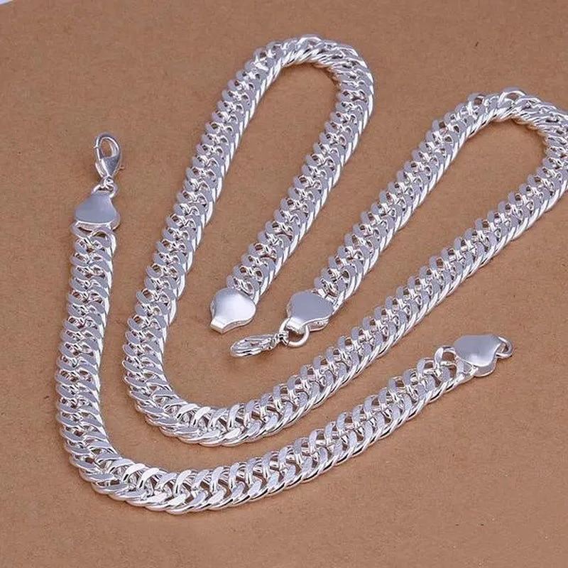 High Quality Exquisite Men Solid Heavy 925 Sterling Silver Smooth Necklace Bracelet Curb Chain Jewelry Set Gifts