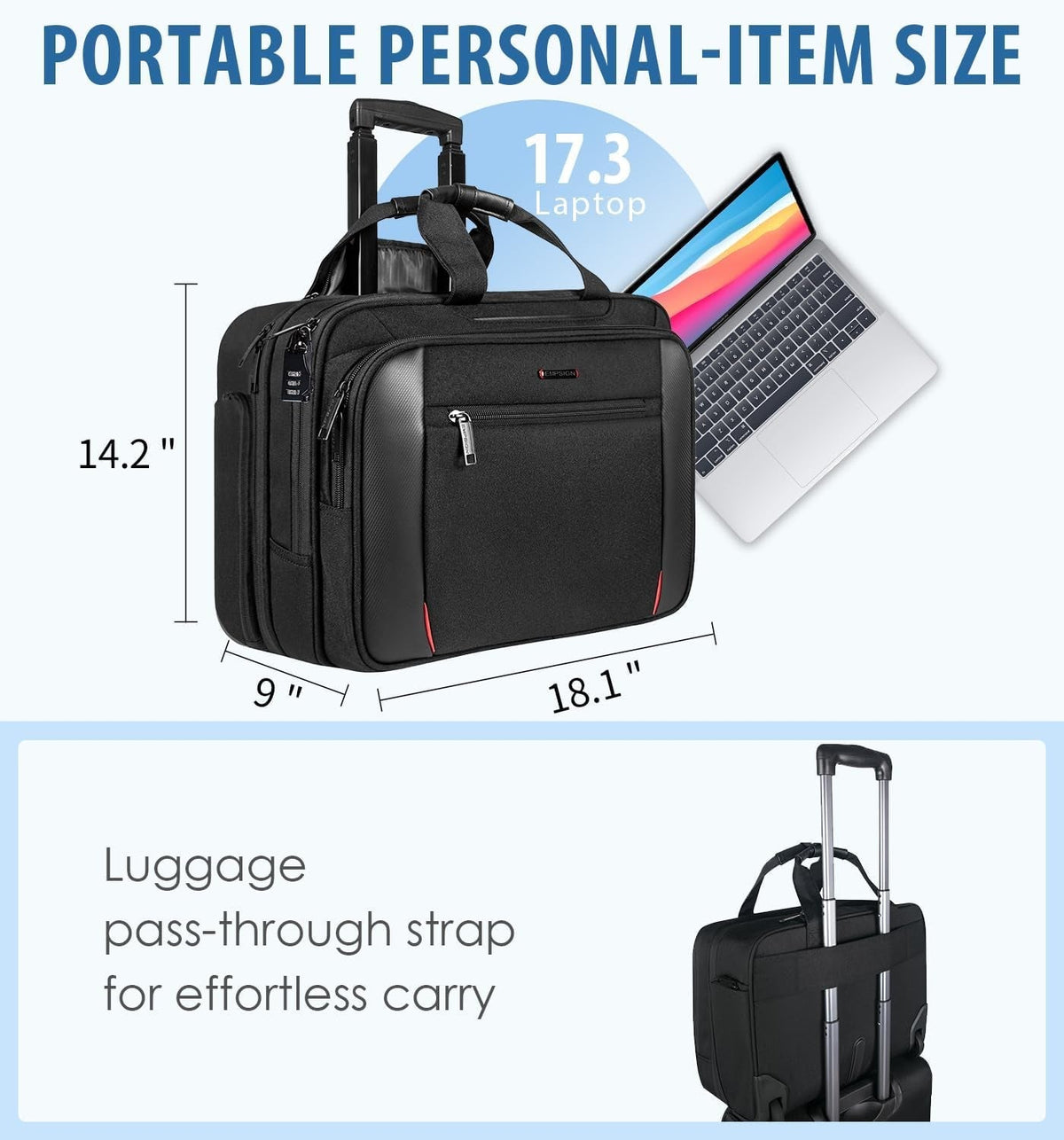 Rolling Briefcase Laptop Bag,17.3" Computer Bag with Wheels, Water Repellent Travel Roller Underseat Bag with RFID Blocking Pocket,Rolling Work Bags for Women/Men -Black