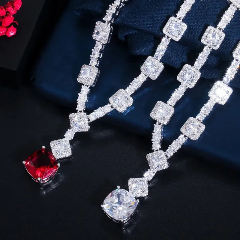 CANDICE Fashion Modern Bridal Party Jewelry White Cubic Zirconia with Exquisite Red Stone Square Drop Necklace Earrings Set for Brides