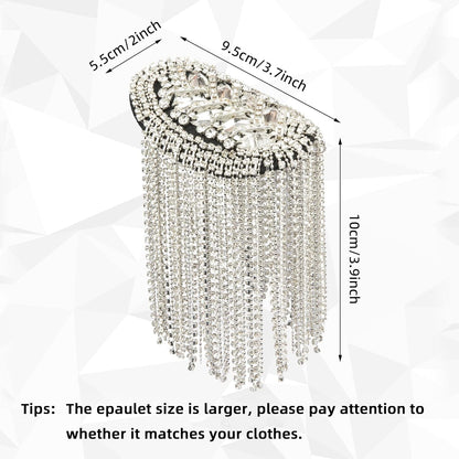 2 Pieces Tassel Epaulets Metal Fashion Shoulder Jewelry Rhinestones Cloth Accessories Brooches for Women, 2×3.7In (Silver)