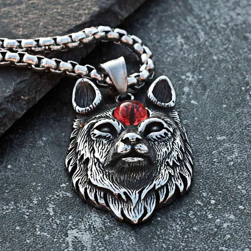 Stainless Steel Jewelry, Punk Devil Wolf, Ruby Sapphire Eye Pendant Necklace