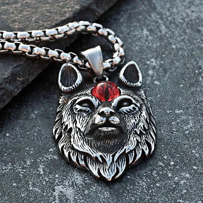 Stainless Steel Jewelry, Punk Devil Wolf, Ruby Sapphire Eye Pendant Necklace