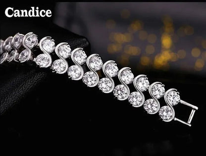 CANDICE Elegant 2 Row Cubic Zirconia Design Sterling Silver Plated Tennis Bracelet& Bangle for Women Gift