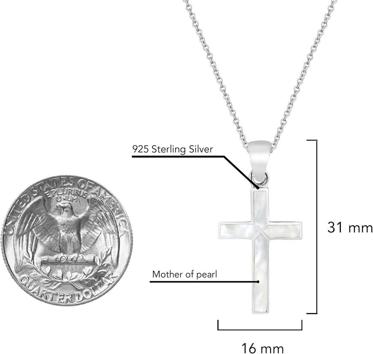 Cross of Faith Necklace – 925 Sterling Silver 18 Inch Chain | Iridescent Shell and Stone Pendant | Perfect Religious Gift