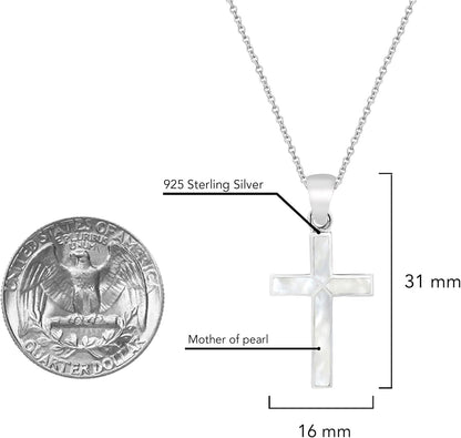 Cross of Faith Necklace – 925 Sterling Silver 18 Inch Chain | Iridescent Shell and Stone Pendant | Perfect Religious Gift