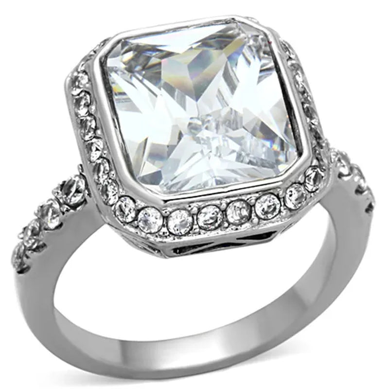 6.38 Ct Halo Emerald Cut Zirconia Stainless Steel Engagement Ring Women's Size 5-10