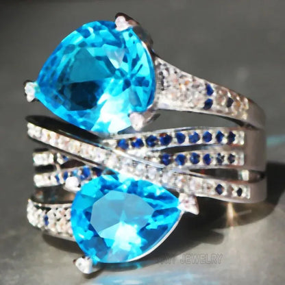Silver Natural Gemstones Aquamarine Ring Wedding Birthstone Bride Engagement Crossing Brand  Ring Jewelry Size 6 7 8 9 10