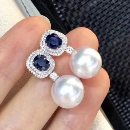 Elegant Temperament Female Earrings Blue Sapphire Pearl Drop Earrings Bridal Wedding Fine Earrings Jewelry