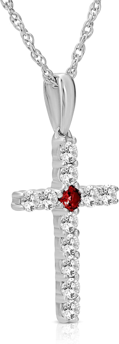 10K Gold or Silver Lab Created Ruby and Diamond Cross Pendant with Sterling Silver Rope Chain Necklace Valentine’S Gift for Her (1/4 Cttw, I-J Color, I2-I3 Clarity) 18"