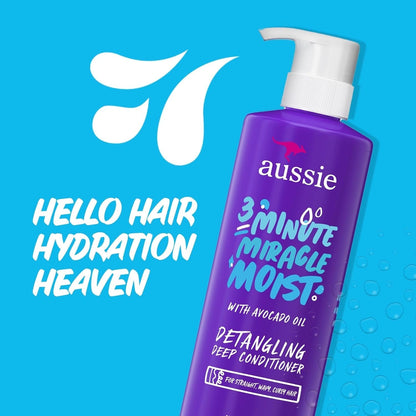 3 Minute Miracle Moist Deep Conditioner for Dry Hair, Avocado & Jojoba Oil, Safe for Color Treated Hair, Nourishing Hydration, Silky Shine, Paraben-Free, 16 Fl Oz Each, Triple Pack