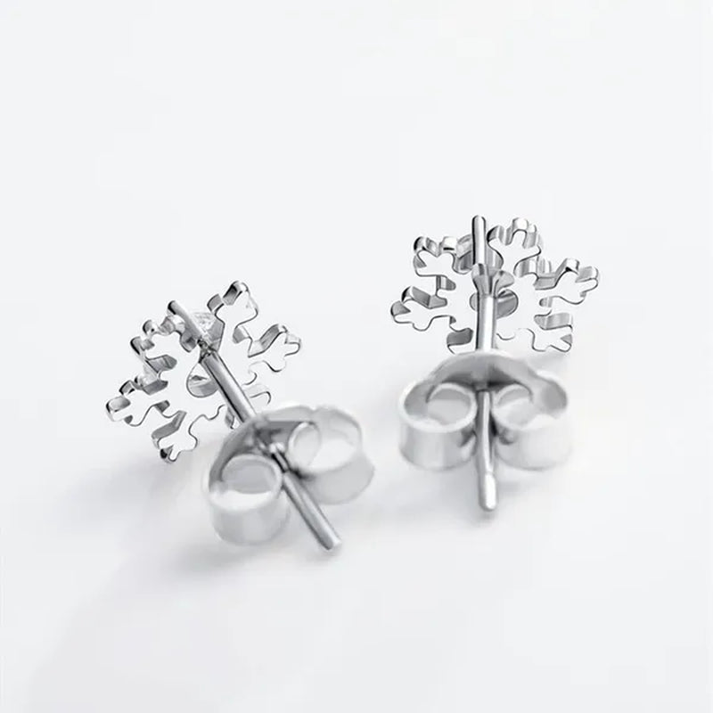 Romantic Snowflake Earrings 14K White Gold 7mm Diamond Embellishment Flower Ear Studs Christmas Decor Gifts