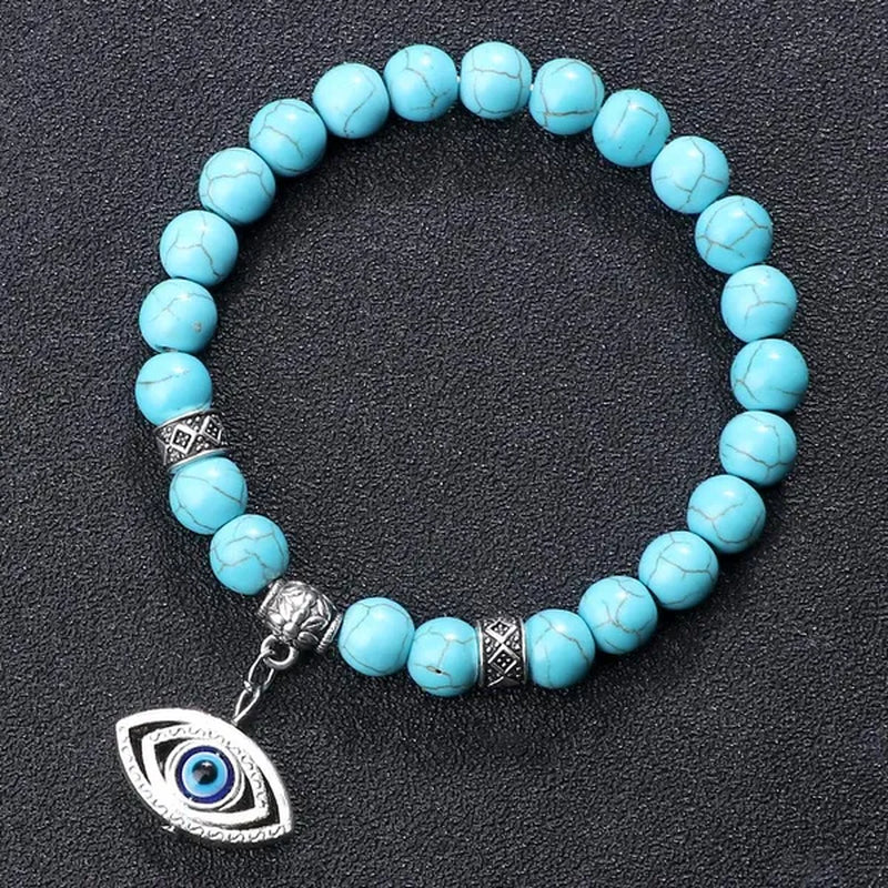 Turkey Evil Eye Beaded Bracelets Butterfly Buddhist Palm Hand Owl Turtle Alloy Pendant Bracelet Women Men Lucky Stretch Bangles Jewelry