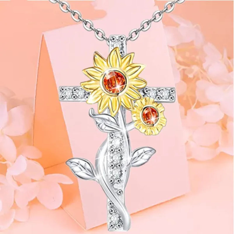 Exquisite Women's Creative Cross Sunflower Necklace Diamond Cross Necklace Couple Jewelry Luxury Diamond Pendant Necklaces for Women Wedding Banquet Birthday Anniversary Gift