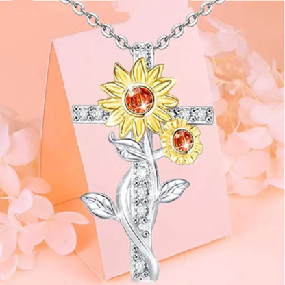 Exquisite Women's Creative Cross Sunflower Necklace Diamond Cross Necklace Couple Jewelry Luxury Diamond Pendant Necklaces for Women Wedding Banquet Birthday Anniversary Gift