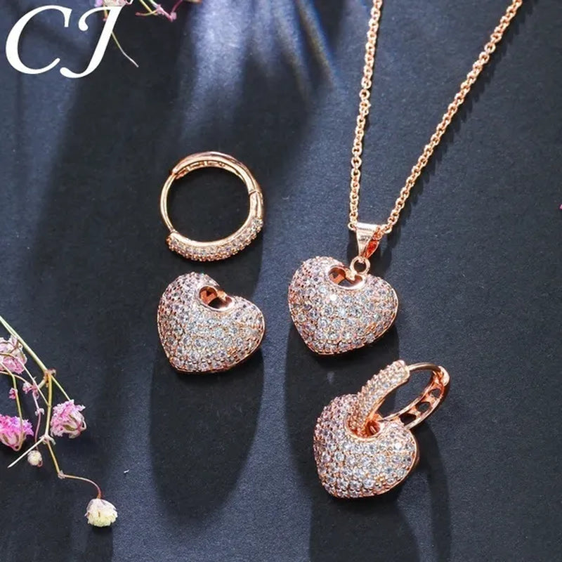 CANDICE Gorgeous Party Jewelry Set Full Micro Pave Tiny Cubic Zirconia Rose Gold Plated Love Heart Pendant Necklace Earrings For Women Gift