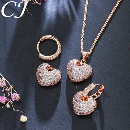 CANDICE Gorgeous Party Jewelry Set Full Micro Pave Tiny Cubic Zirconia Rose Gold Plated Love Heart Pendant Necklace Earrings For Women Gift