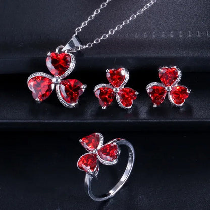 CANDICE Sterling Silver Plated Heart Shape Jewelry Set Pave Austrian Purple Pink Champagne Crystal Drop Dangle Necklace Earrings Ring Sets for Women Girls