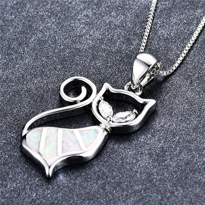 Fashion Elegant 925 Silver White Fire Opal Sapphire Cat Pendant Necklace Womens Jewelry Gifts