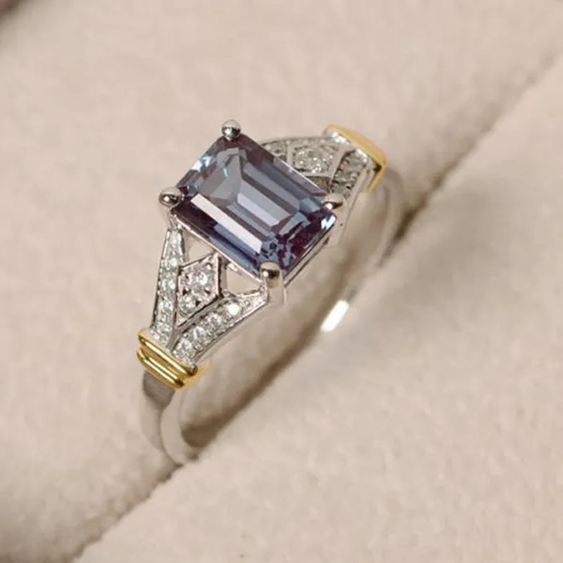 Dazzling Natural Alexandrite Diamond & Aquamarine Two Tone 925 Sterling Silver Engagement Wedding Ring for Women